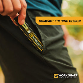 Work Sharp 25-degree ceramic guide supporting fine honing during outdoor use.