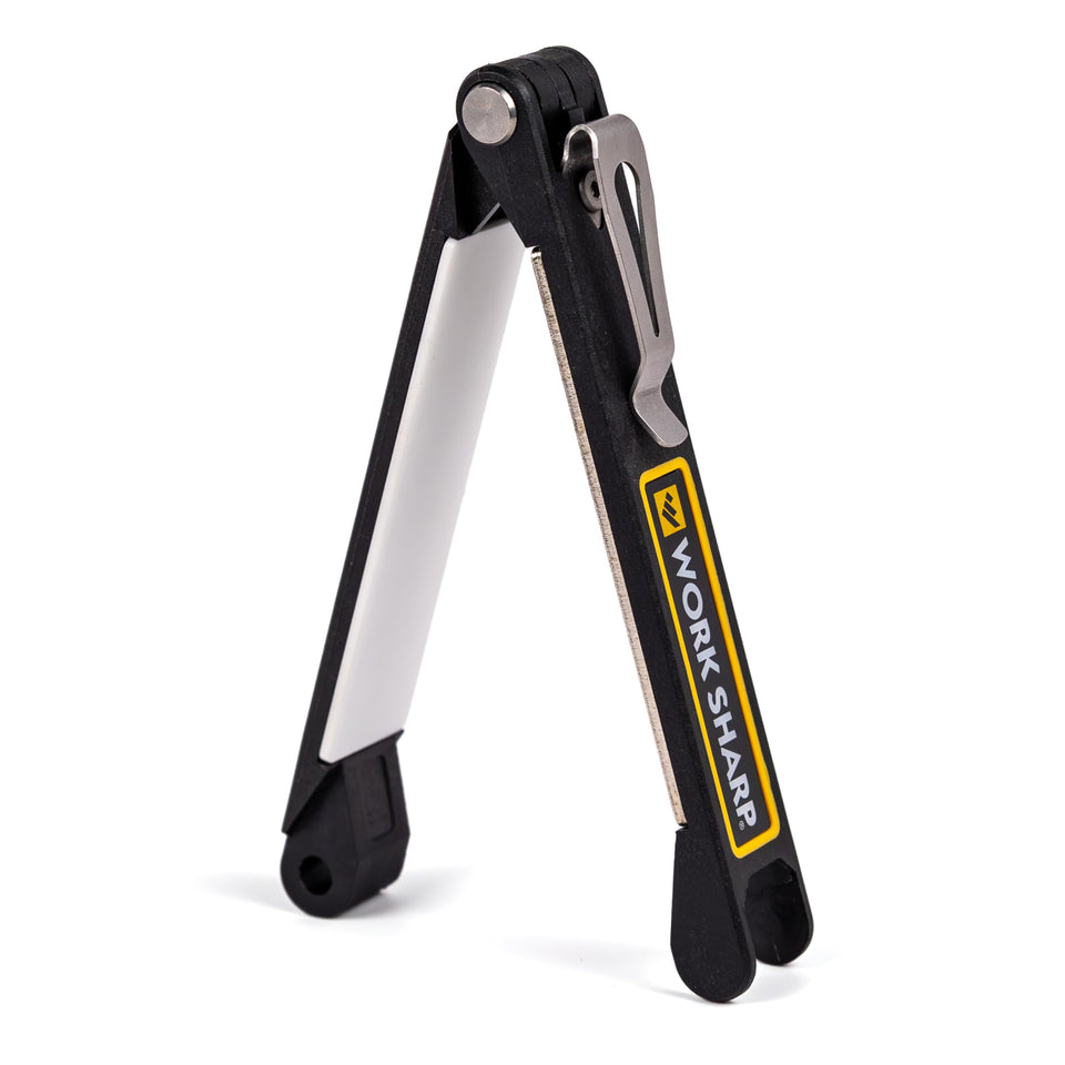 Work Sharp folding field sharpener shown in a compact design for easy on-the-go sharpening.