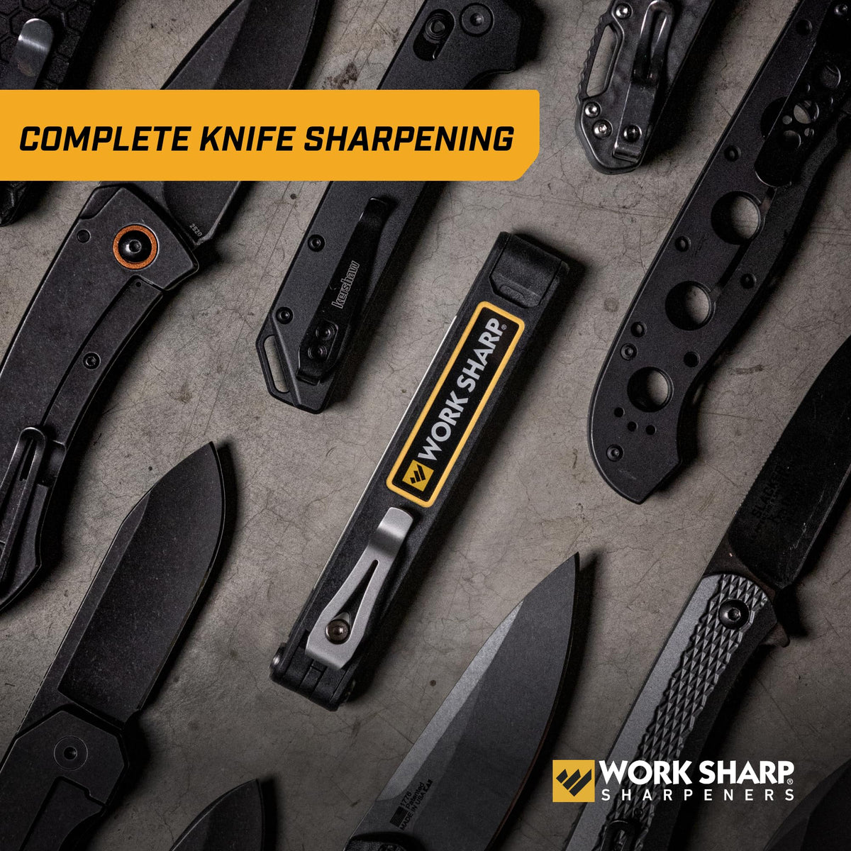 Work Sharp folding sharpener with pocket clip for secure transport and quick access.