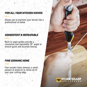 Work Sharp honing rod with lanyard hole for convenient storage.
