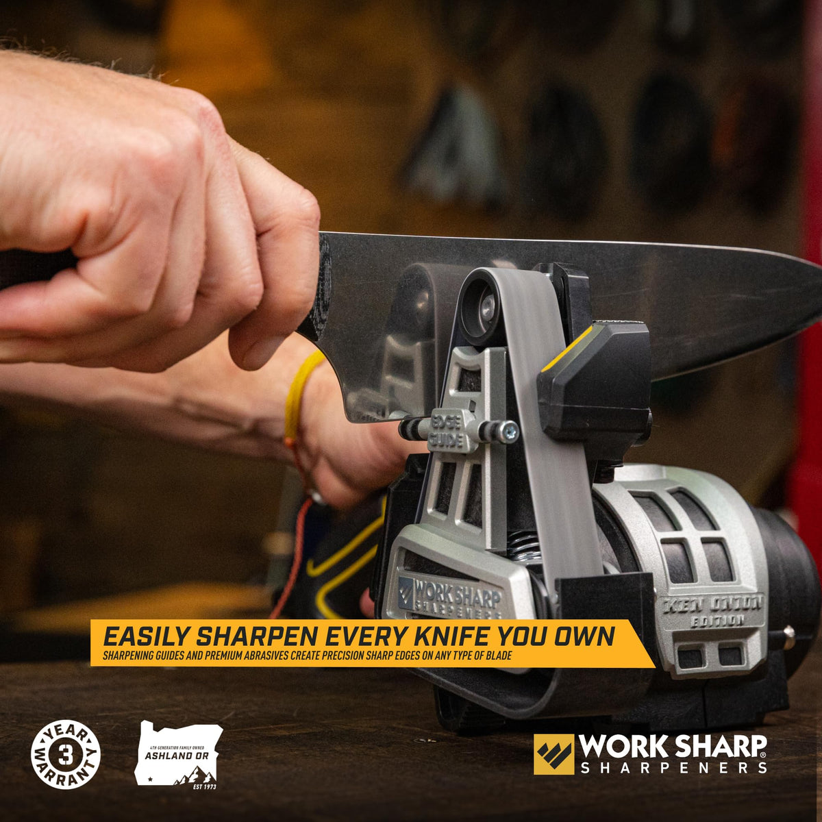 Work Sharp Ken Onion knife sharpener belt system highlighting versatile belts.