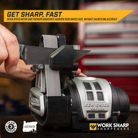 Work Sharp Ken Onion knife sharpener ergonomic design for comfortable use.