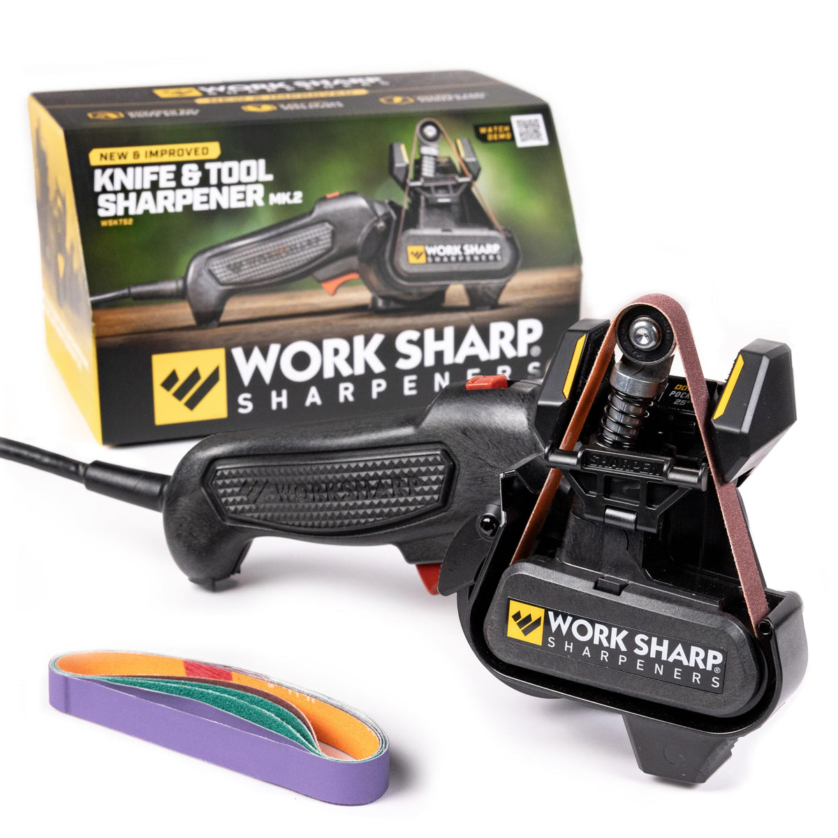 Work Sharp Mk2 knife sharpener with edge guide for precise blade sharpening.
