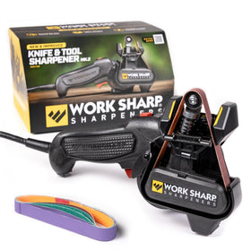 Work Sharp Mk2 knife sharpener with edge guide for precise blade sharpening.