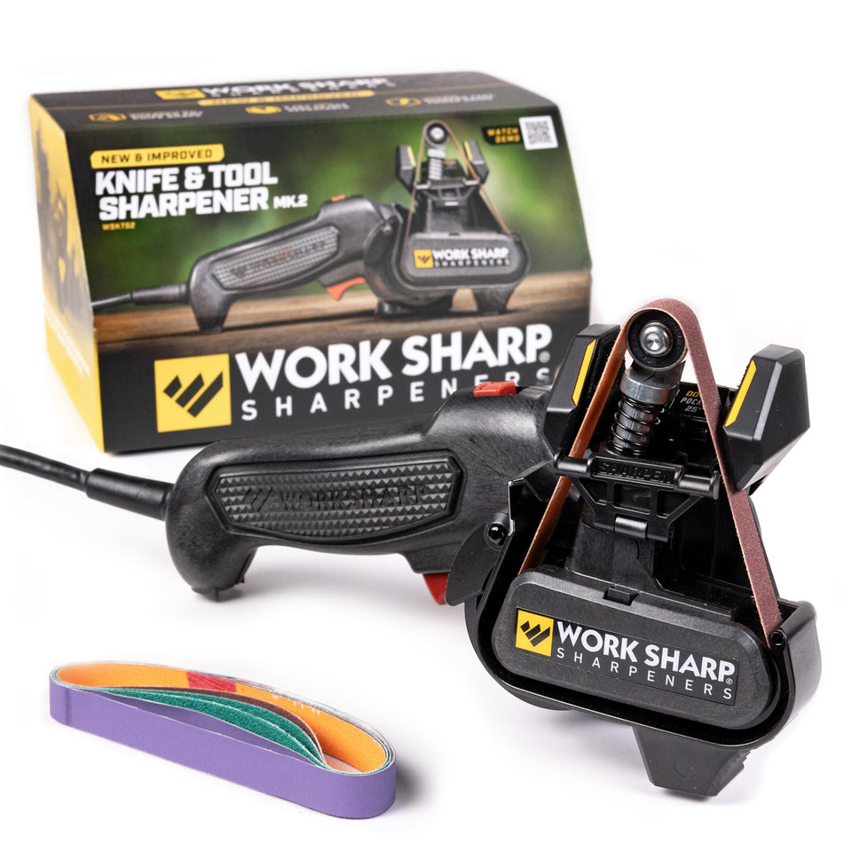 Work Sharp Mk2 knife sharpener with edge guide for precise blade sharpening.