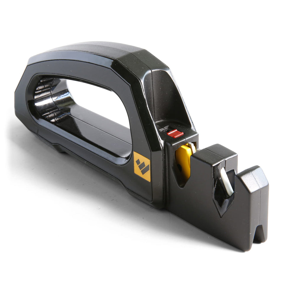 Work Sharp Pivot Pro sharpener in action sharpening a knife for a precise edge