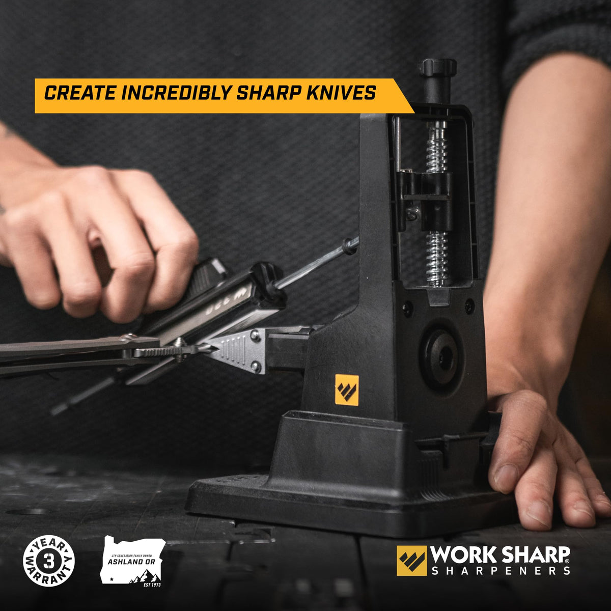Work Sharp Precision Adjust Elite sharpening a kitchen knife for a consistent bevel.
