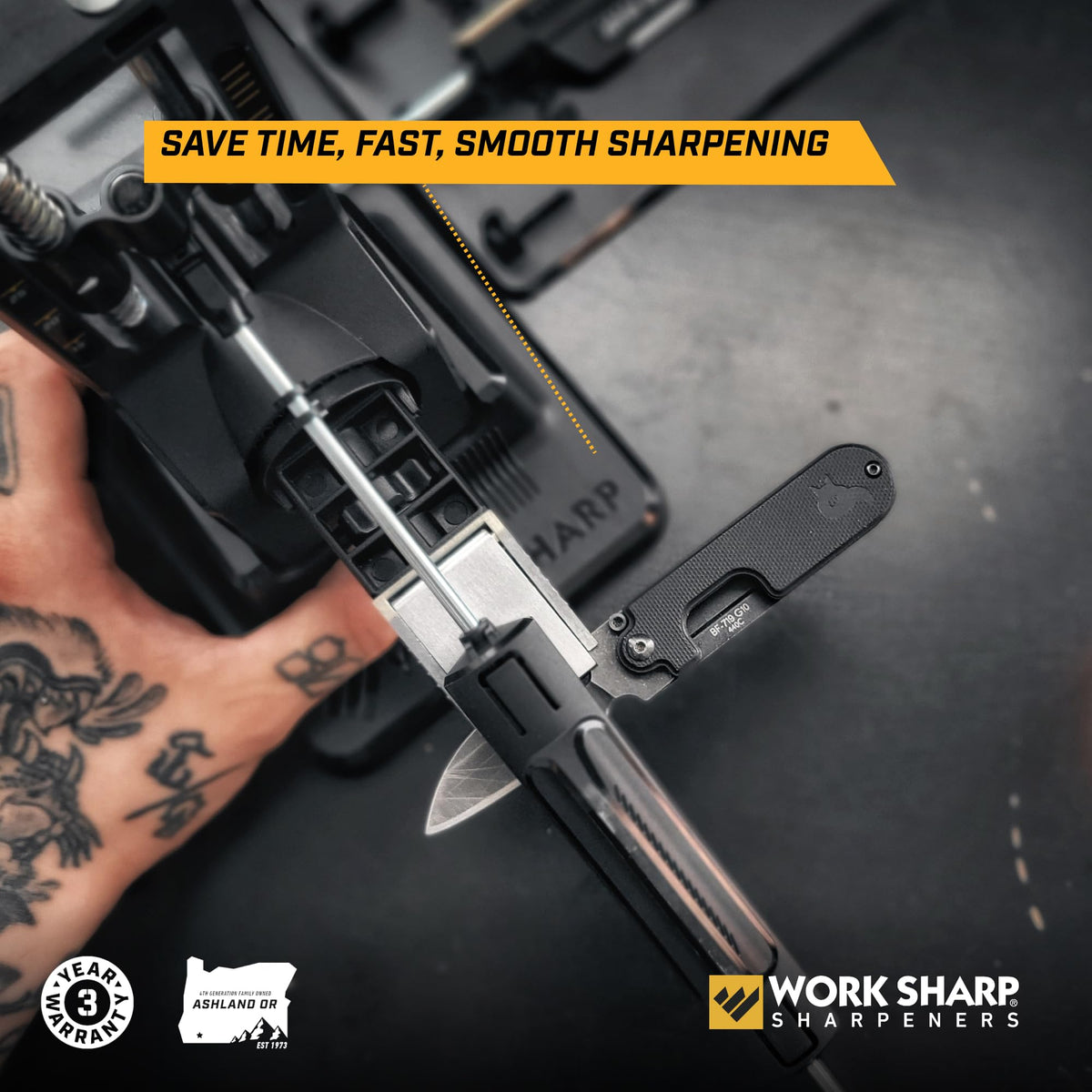 Work Sharp Precision Adjust Elite illustrates serrated knife sharpening compatibility and adjustable angles.