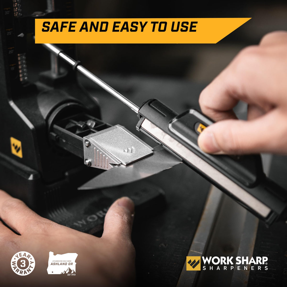 Work Sharp Precision Adjust Elite shows tri-brasive stones in action for versatile edge renewal.