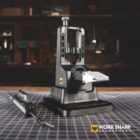 Work Sharp Precision Adjust Knife Sharpener shows a 3-sided abrasive jig for versatility