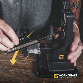 The Work Sharp V-block clamp stabilizes knives for safe sharpening