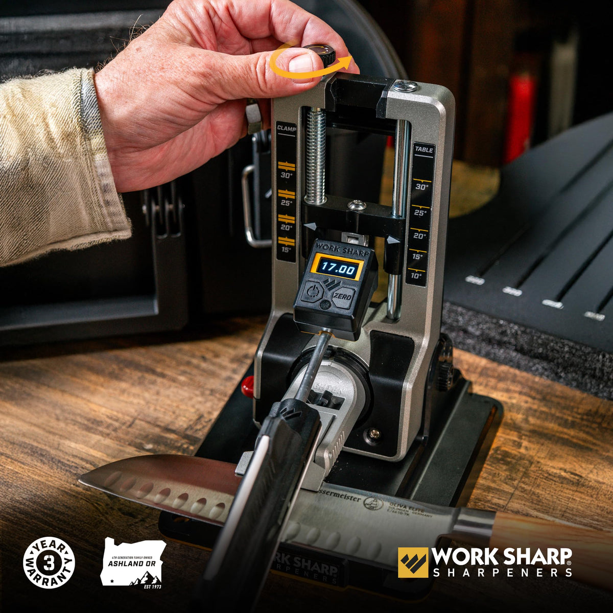 Work Sharp Pro Elite used in kitchen or outdoors for versatile sharpening
