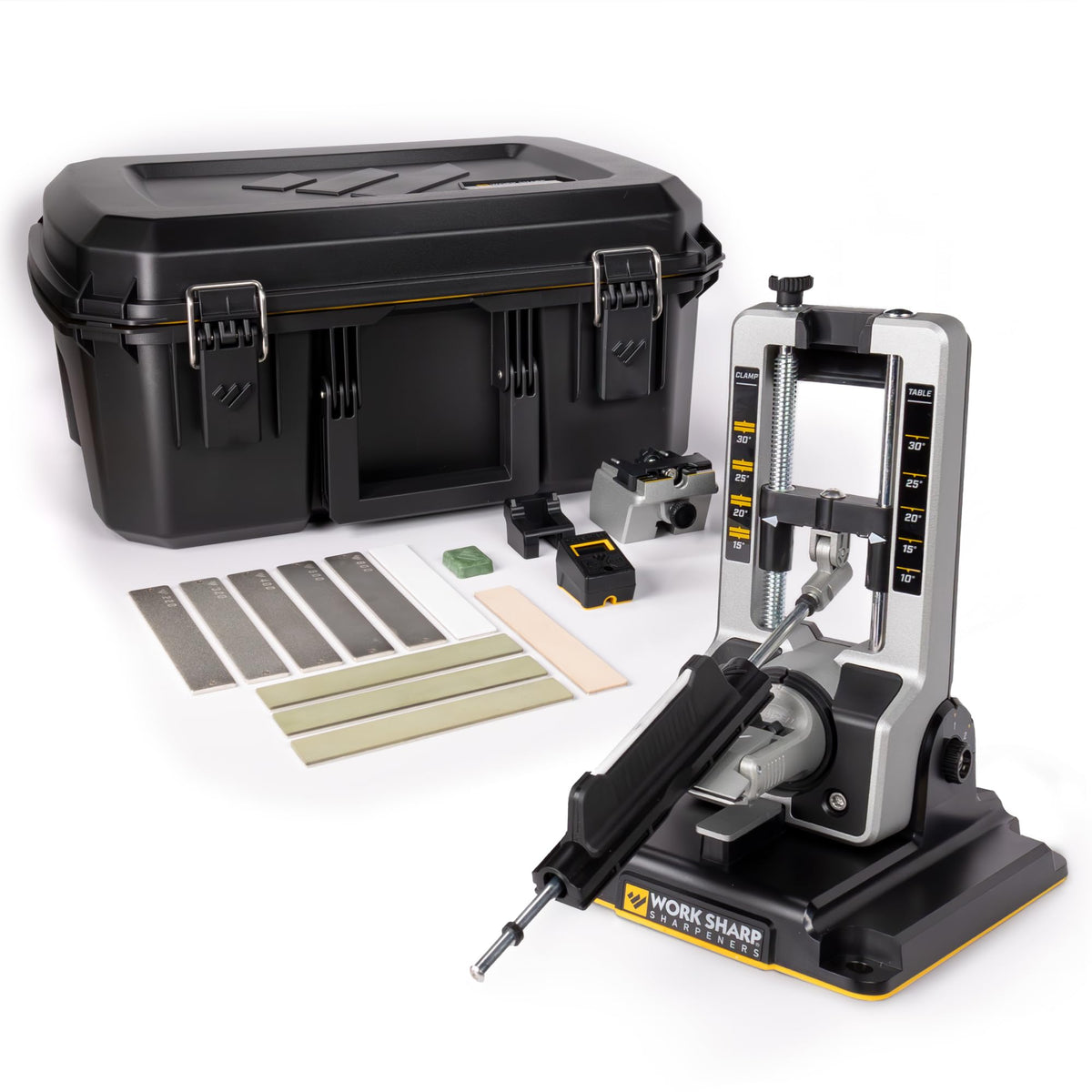 Work Sharp Pro Elite knife sharpener front view with rugged metal body