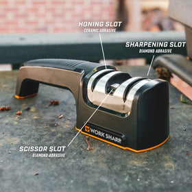 Close-up of Work Sharp Pull Through showing compact side angle for space saving.