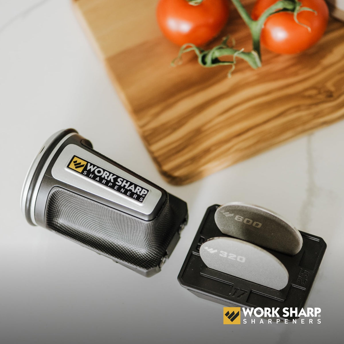 Work Sharp rolling knife sharpener four angles for versatile sharpening.