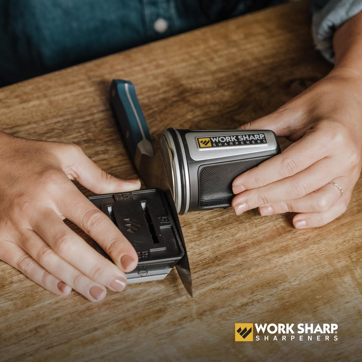 Work Sharp rolling knife sharpener compact size for easy storage.