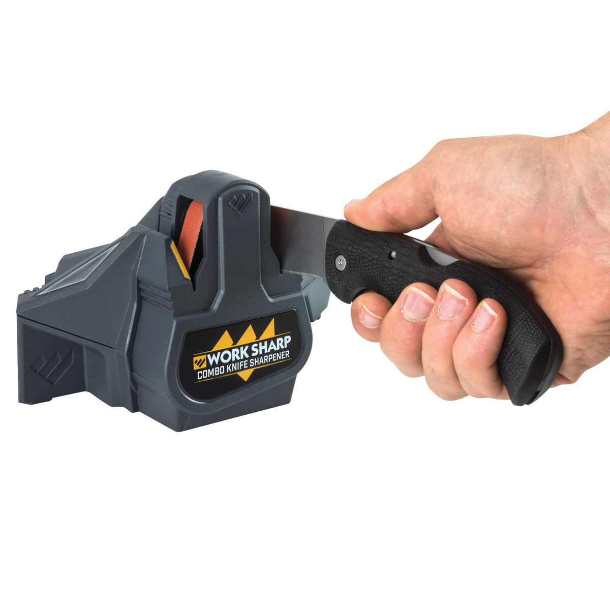 Work Sharp WSCMB combo knife sharpener front view with belt system for fast edges.