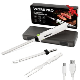 WORKPRO electric knife with dual blades for bread and meat, precision slicing.