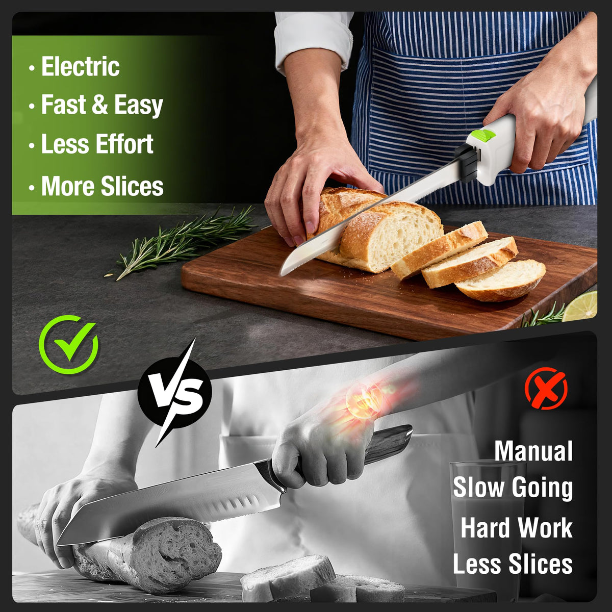 WORKPRO electric knife ergonomic handle reduces hand fatigue during carving.