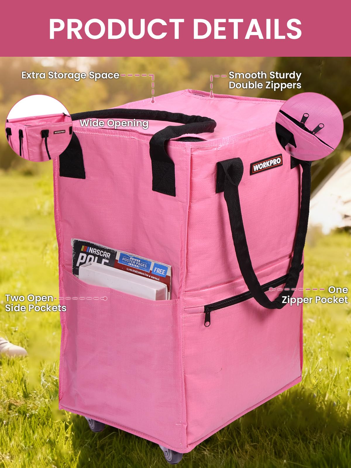 WORKPRO wide zipper and extra pockets optimize access and organization