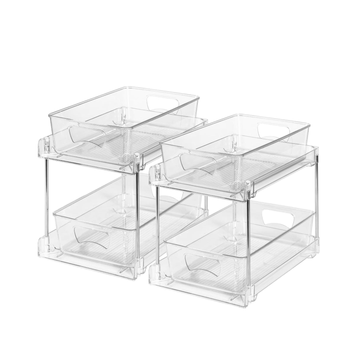 World-in-one 2-pack clear bathroom organizers under sink for easy visibility.