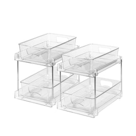 World-in-one 2-pack clear bathroom organizers under sink for easy visibility.