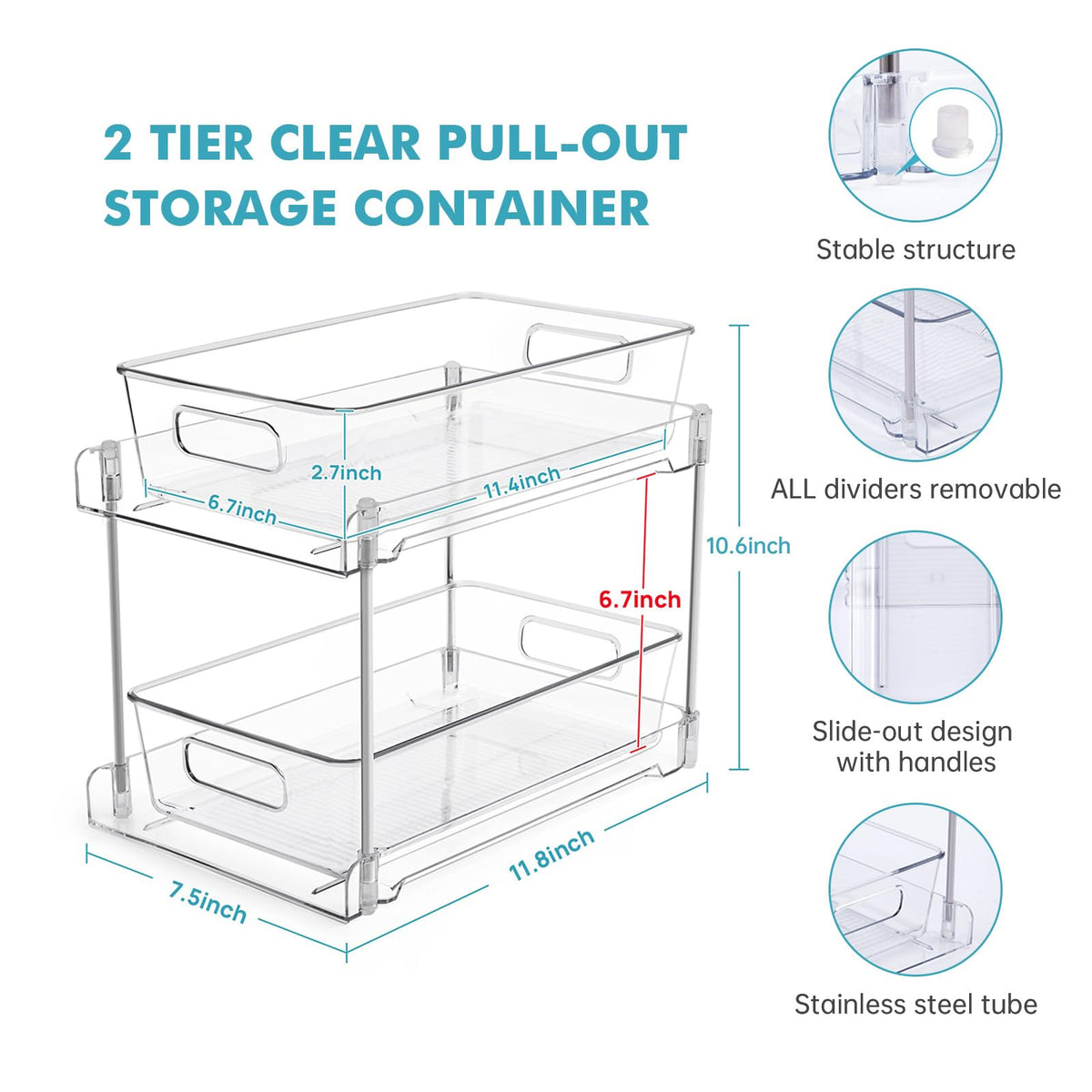 World-in-one 2-tier pull-out storage keeps kitchen and bathroom essentials organized.