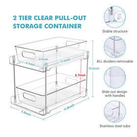World-in-one 2-tier pull-out storage keeps kitchen and bathroom essentials organized.