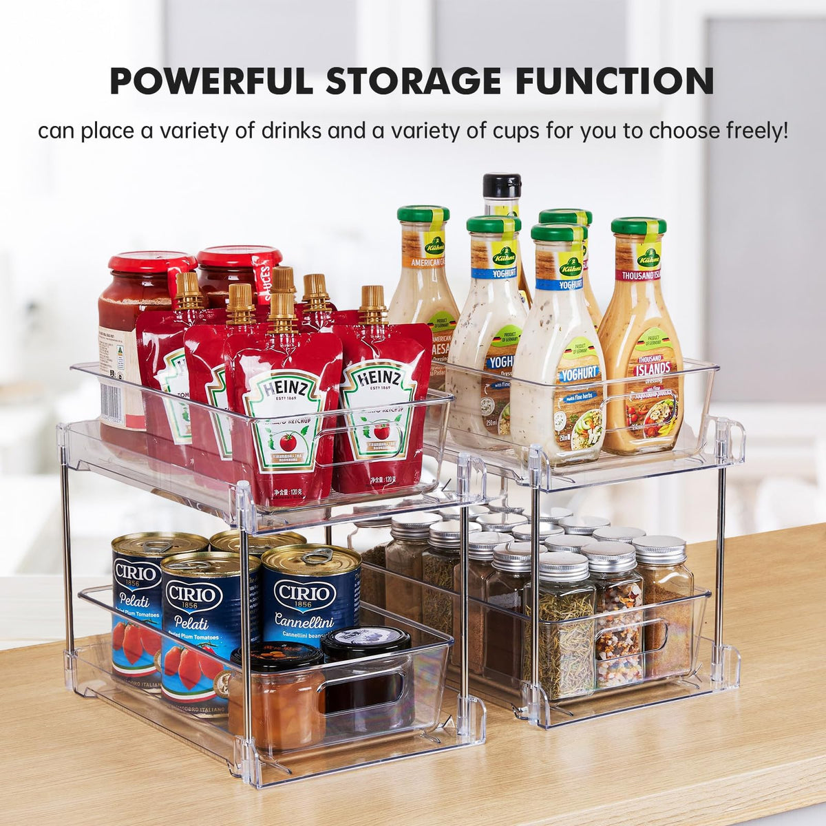 World-in-one clear organizer stacks neatly, maximizing space in small cabinets.