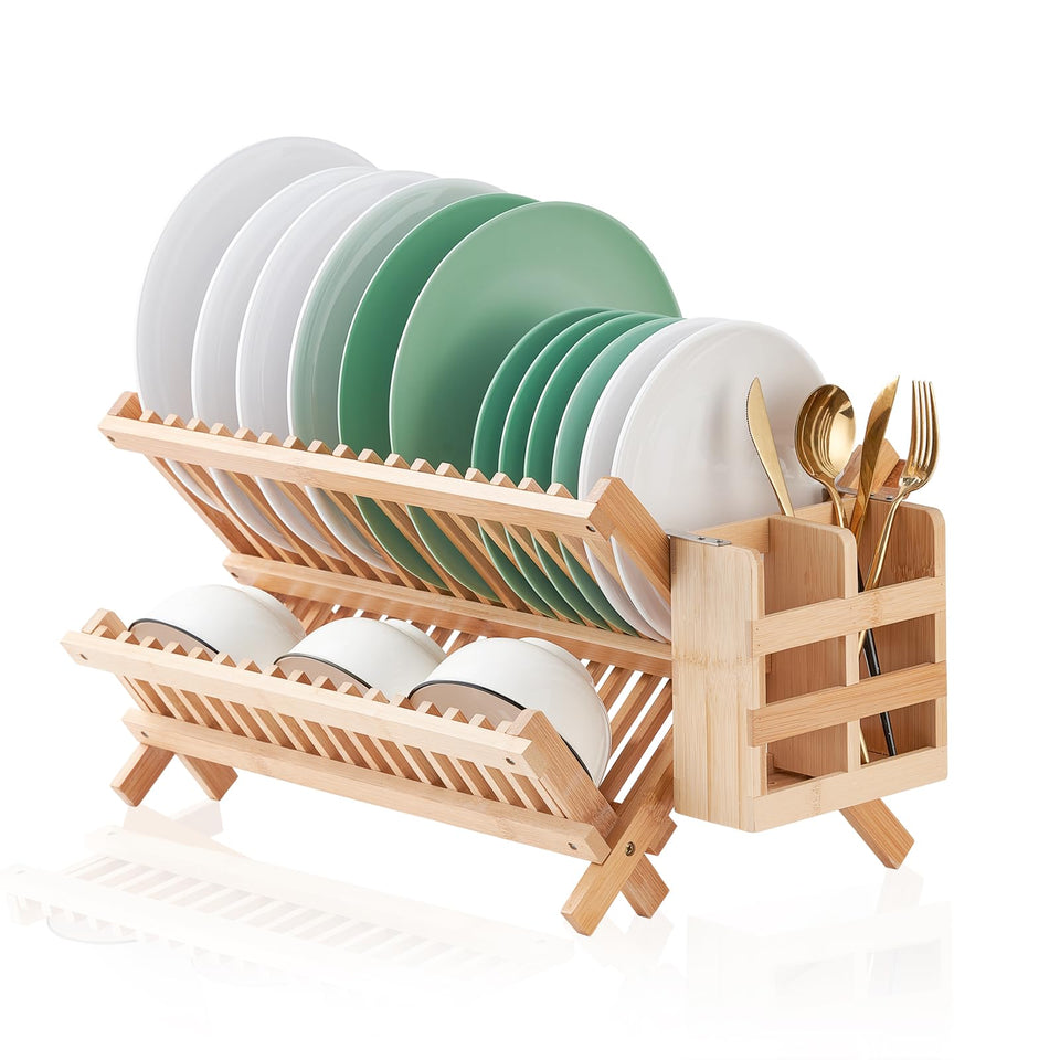 Worthyeah two-tier bamboo dish drying rack keeps dishes neat on the counter