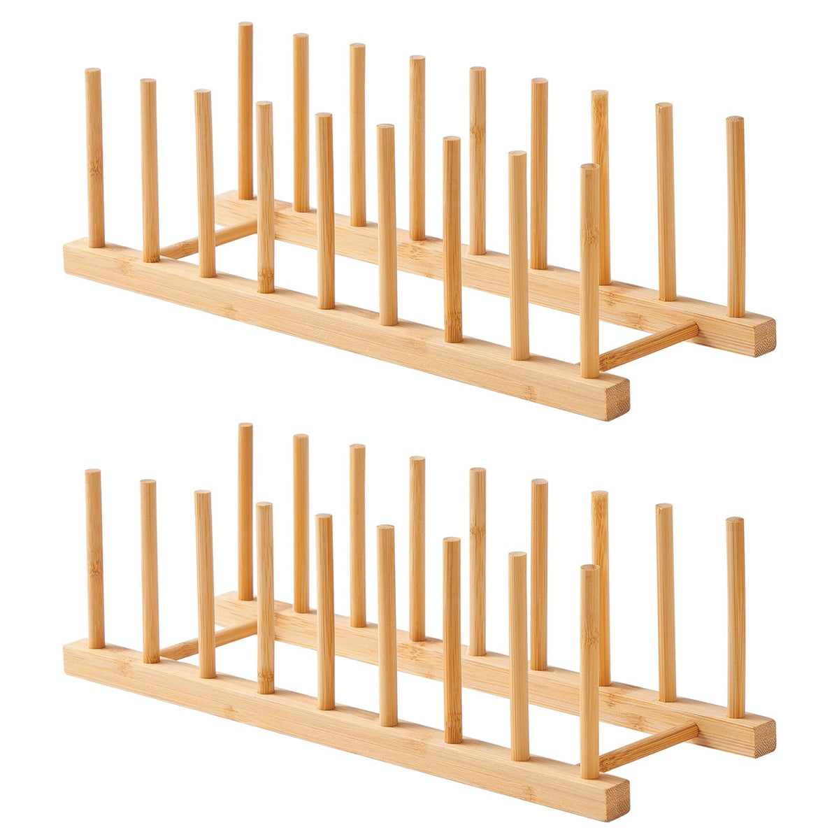 Worthyeah bamboo dish drying rack two-piece set in a tidy cabinet, neatly organizing dishes and lids.