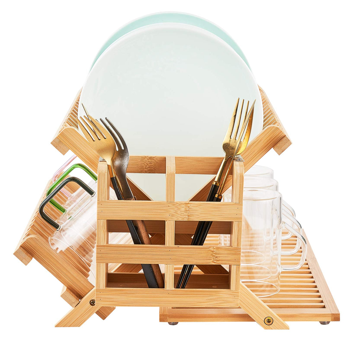 Worthyeah bamboo dish rack 3-tier keeps plates organized on the counter.
