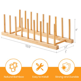 Worthyeah bamboo pot lid organizer displaying lids neatly and improving cabinet storage.