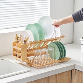 Worthyeah utensil holder on bamboo rack keeps cutlery accessible.
