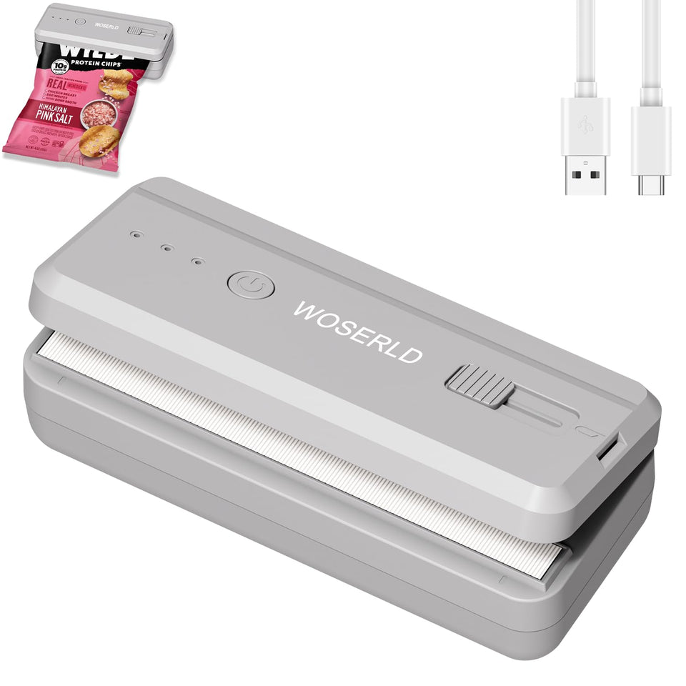 WOSERLD Mini Bag Sealer with magnetic back for easy fridge storage and quick resealing.