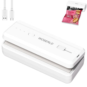 WOSERLD mini bag sealer and cutter with magnetic back attached to a refrigerator for easy access.