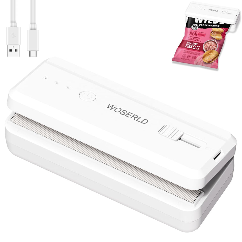 WOSERLD mini bag sealer and cutter with magnetic back attached to a refrigerator for easy access.