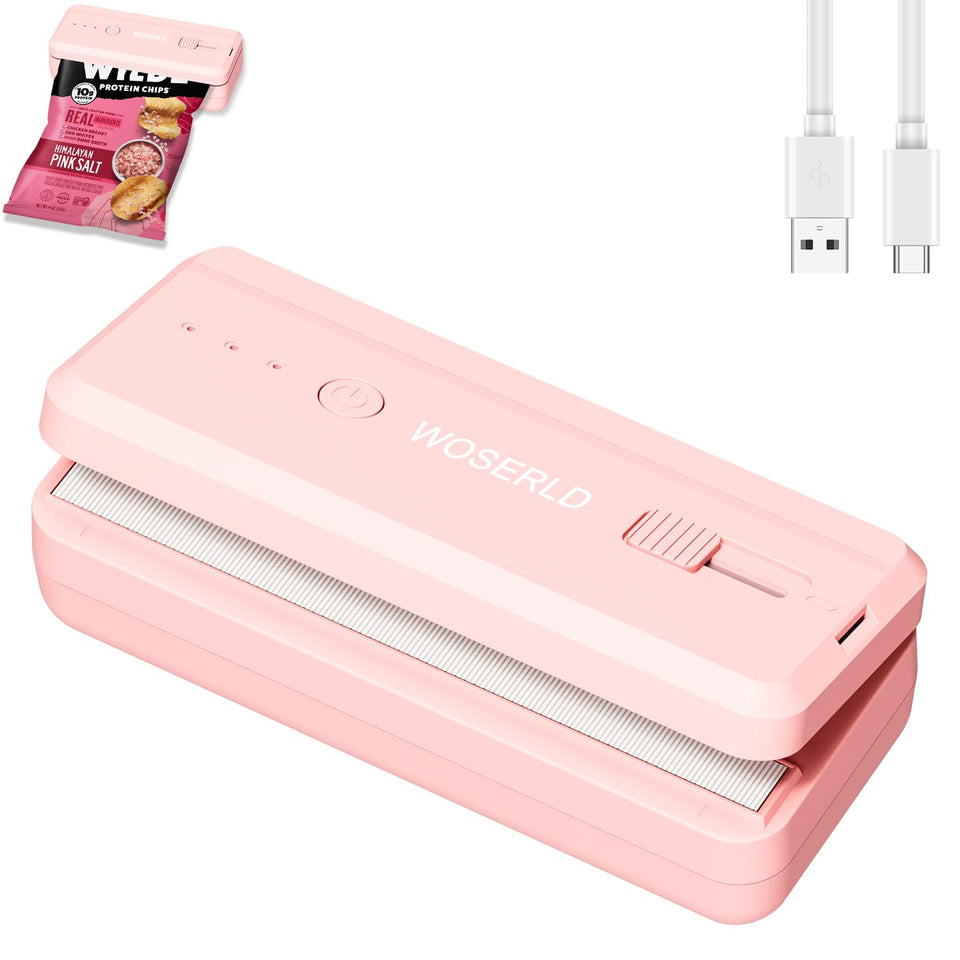 WOSERLD mini bag sealer pink front view seals snacks quickly.