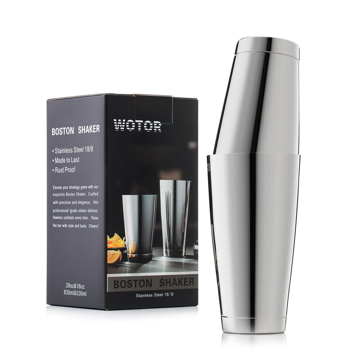 WOTOR Boston Shaker two-piece construction 28oz for precise, professional cocktails.