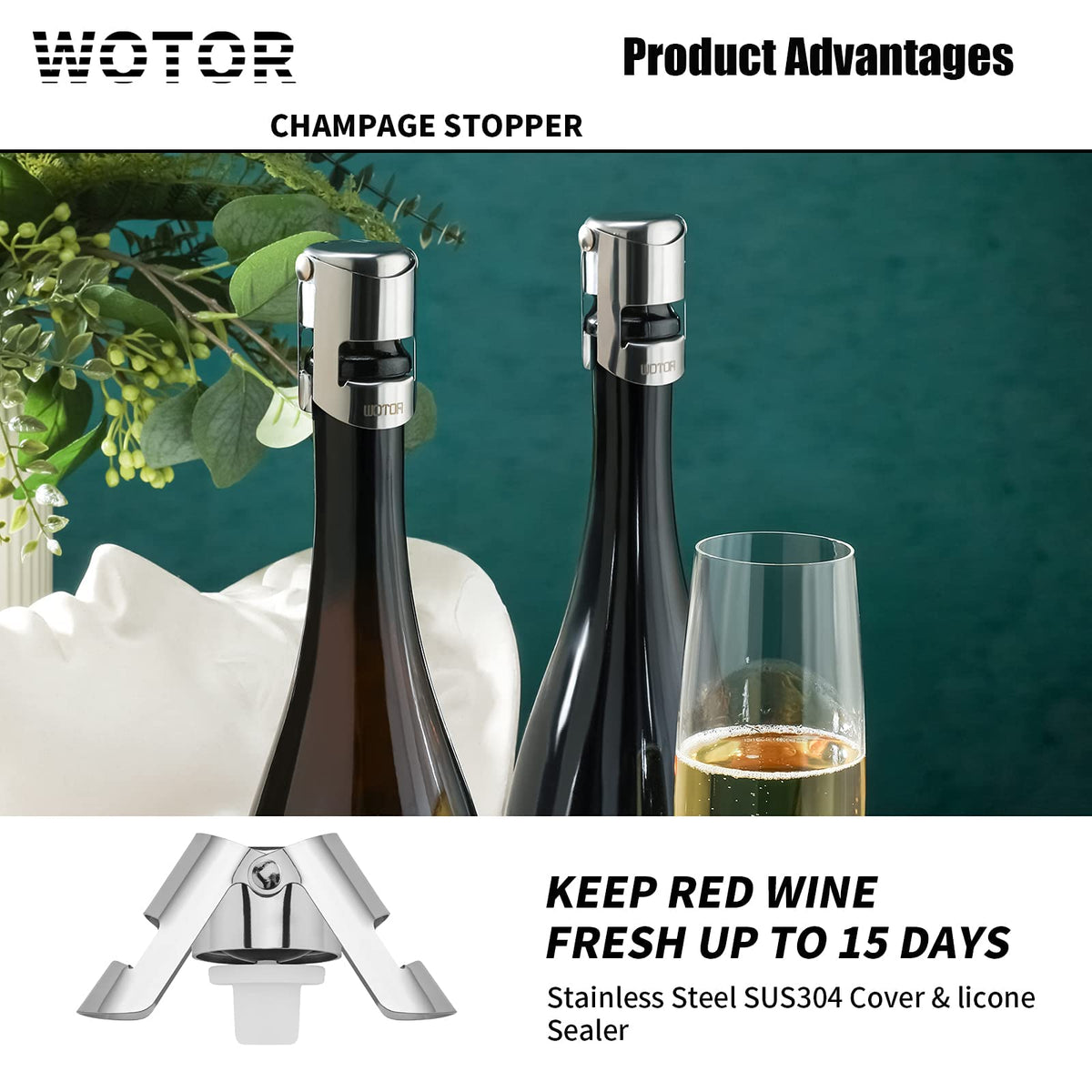 WOTOR champagne stopper easy-use design locks securely onto the bottle rim.