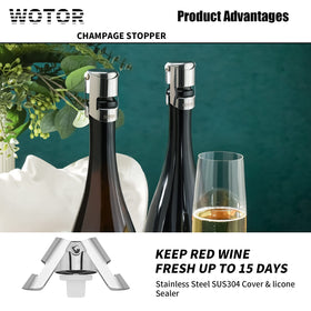 WOTOR champagne stopper easy-use design locks securely onto the bottle rim.