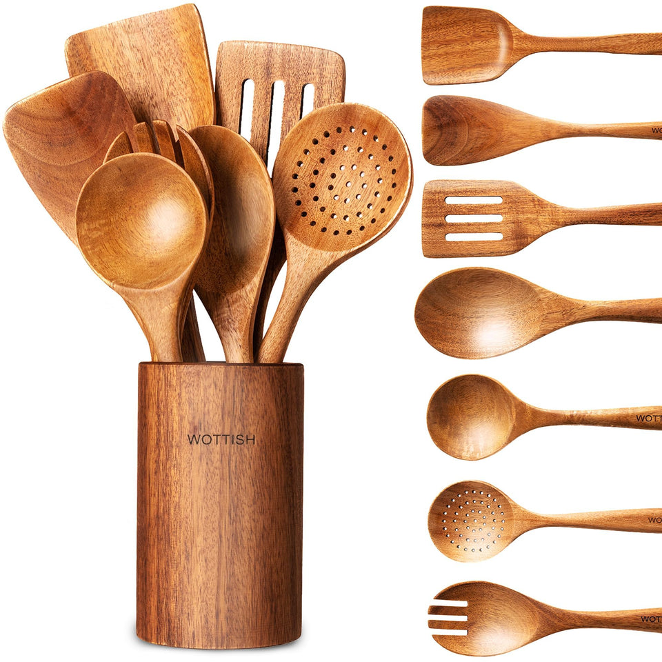 WOTTISH wooden spoons set with holder for easy kitchen organization