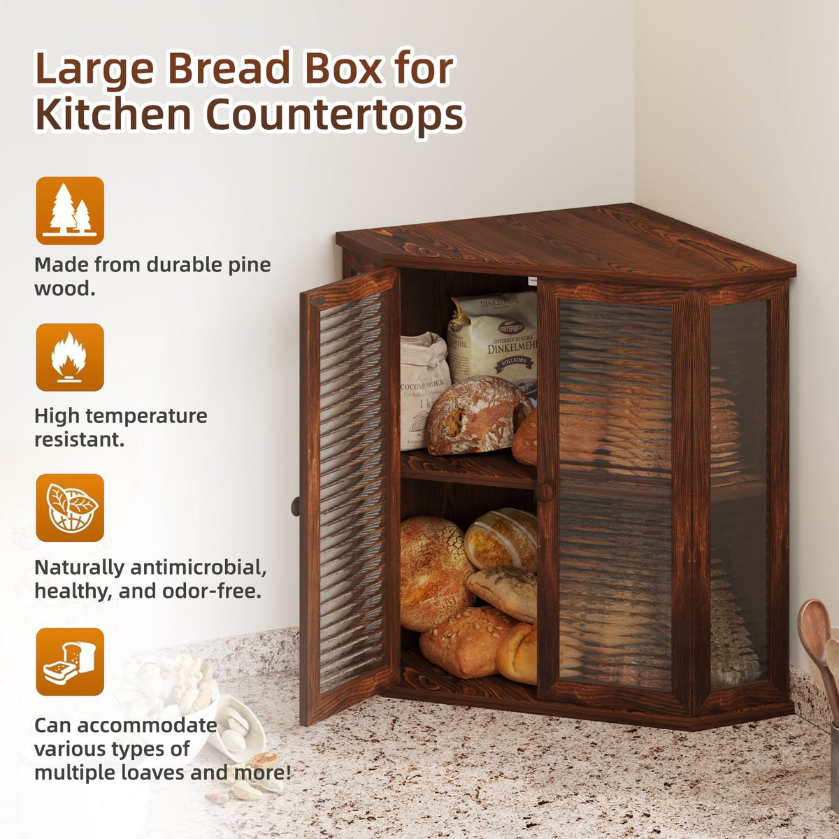 WouZglk vintage farmhouse bread box on a rustic counter