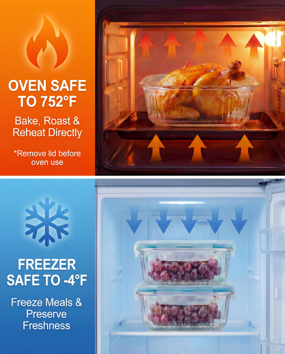 WOVOW freezer-safe glass container preserves freshness in the freezer.