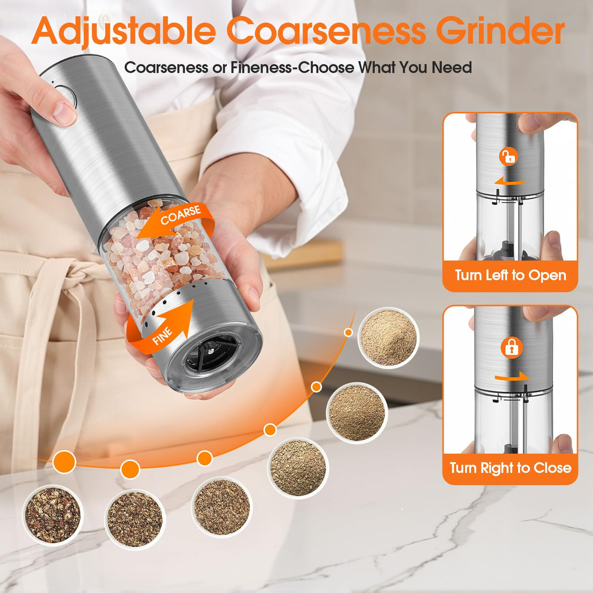 WOWBOX grinder offers six levels from fine to coarse for precise seasoning