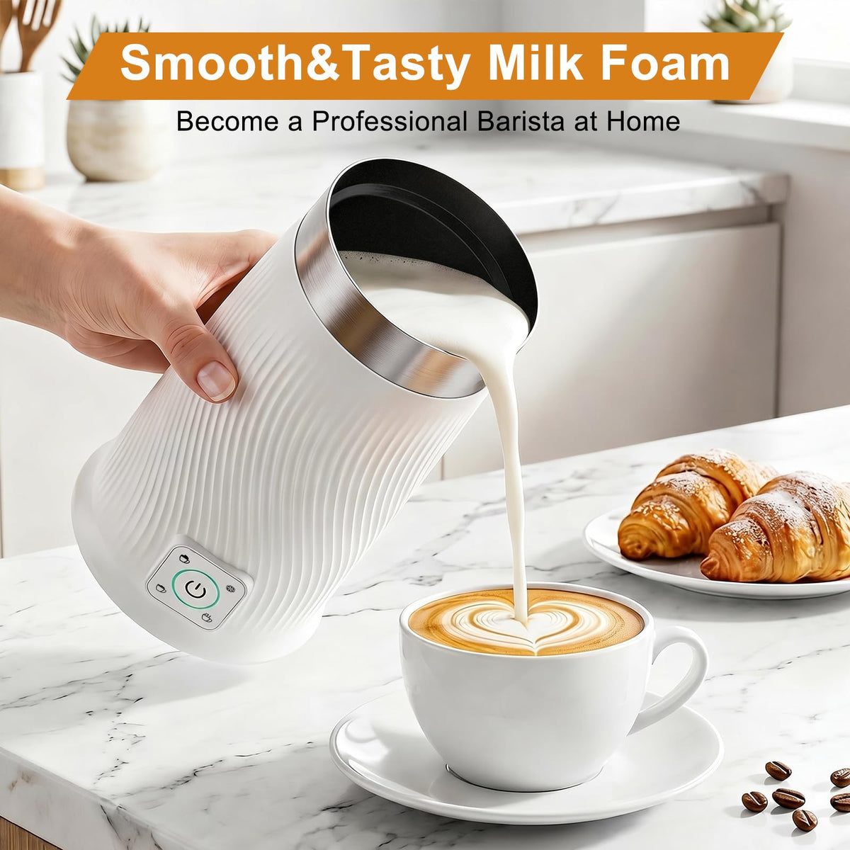 Wowteam Milk Frother 4-in-1 function for warm foam, hot milk, and cold foam.