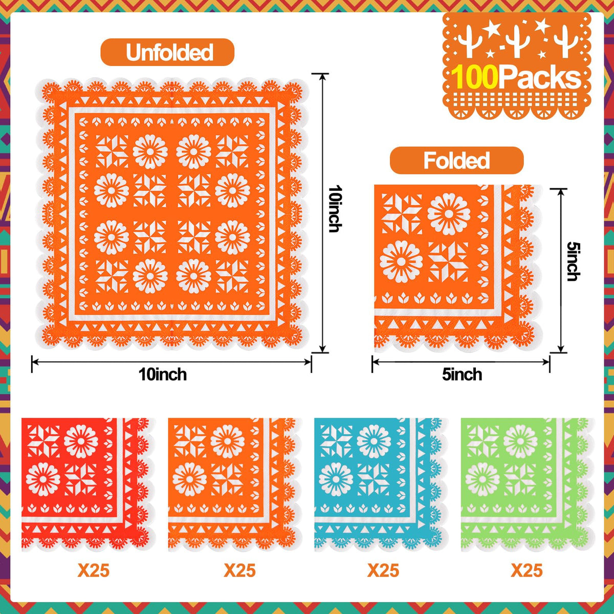 WQCI fiesta napkins four-color print for vibrant Mexican-themed table styling.