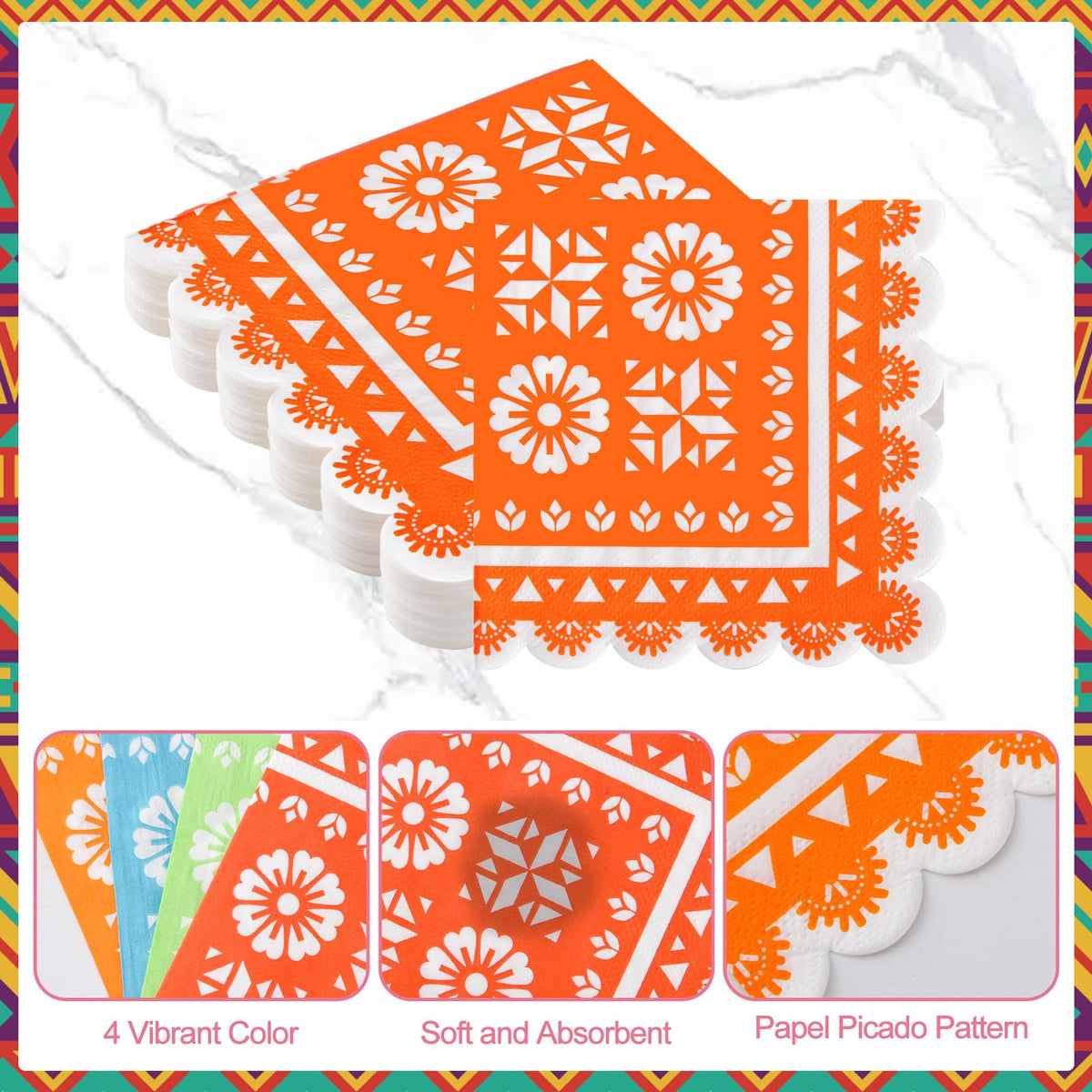 WQCI fiesta napkins unfolded to 10x10 inches for generous serving.