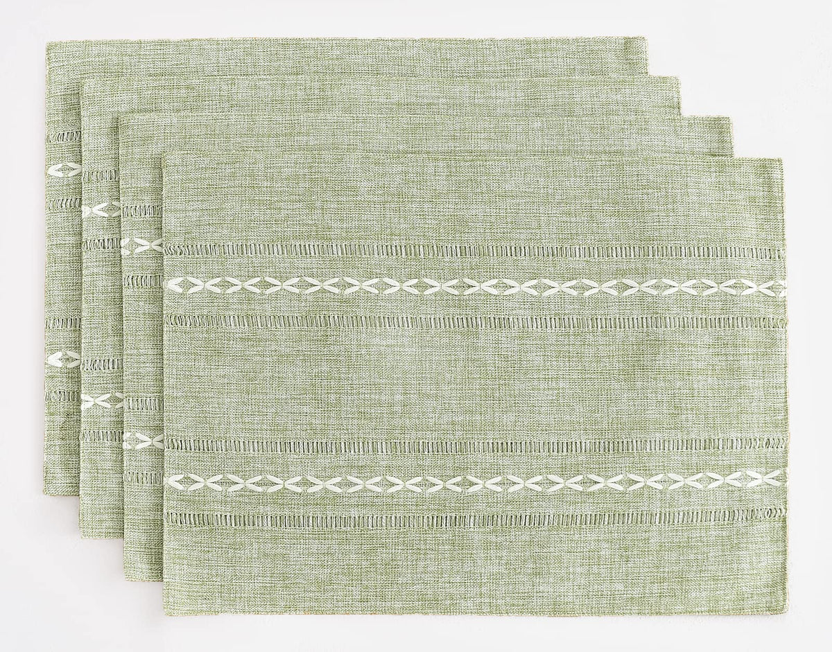 Wracra placemats with a hemstitch border add rustic charm to meals.
