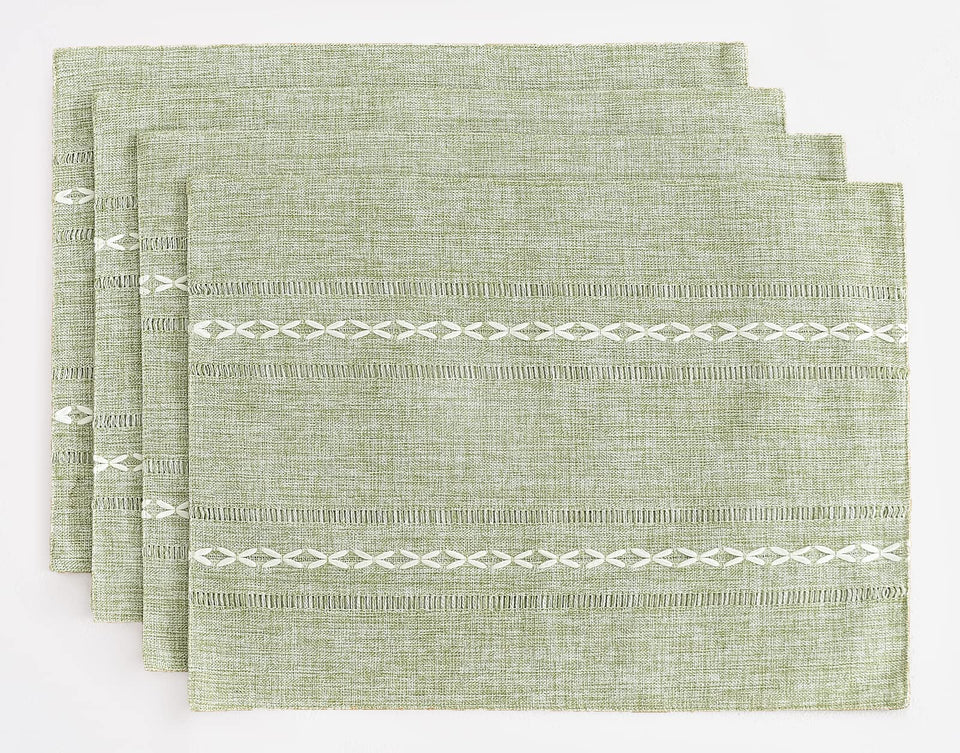 Wracra placemats with a hemstitch border add rustic charm to meals.